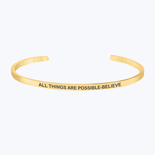 Front view of ALL THINGS ARE POSSIBLE - BELIEVE bracelet featuring a sleek, polished finish and adjustable fit."