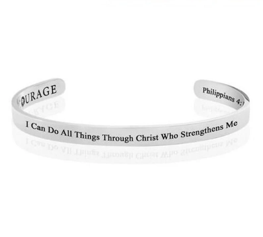 A silver stainless steel bracelet with the inscription 'I CAN DO ALL THINGS THROUGH CHRIST WHO STRENGTHENS ME' along with a Bible reference Philippians 4:13.