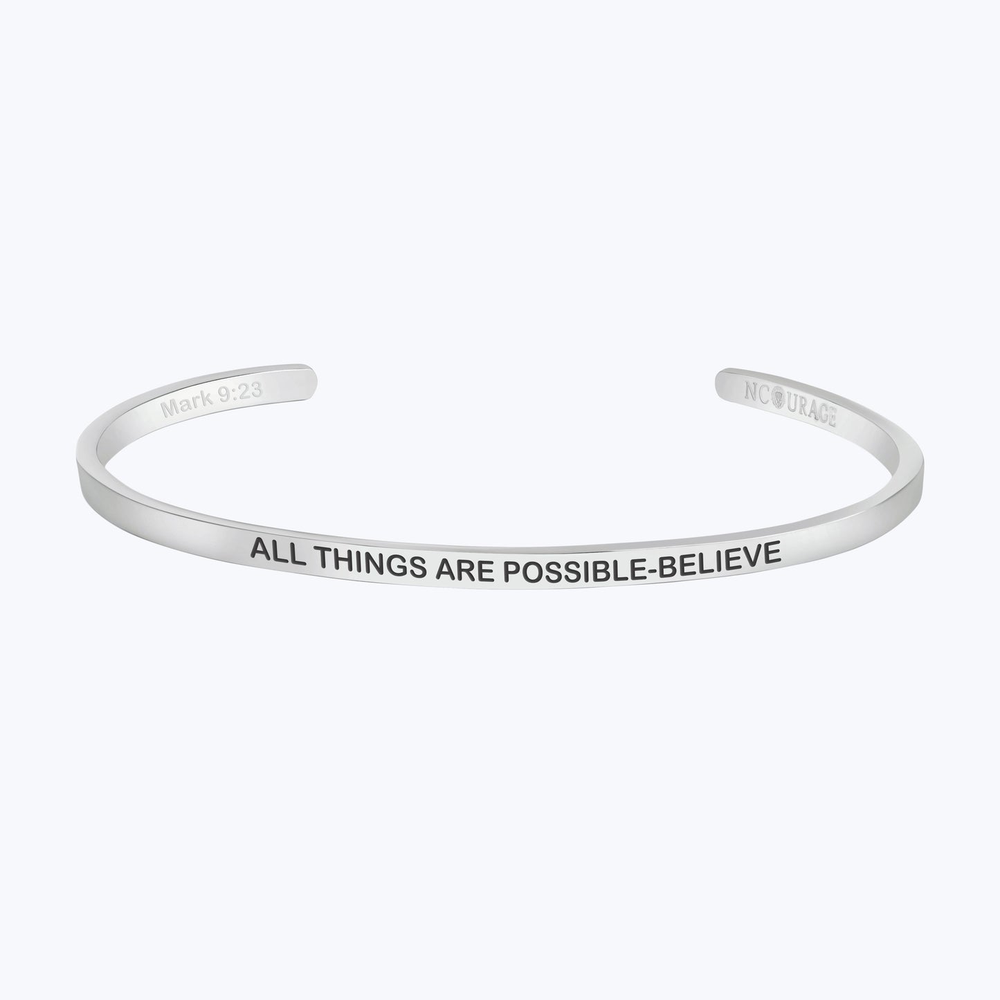 Front view of the silver ALL THINGS ARE POSSIBLE - BELIEVE bracelet featuring a sleek, polished finish and adjustable fit."