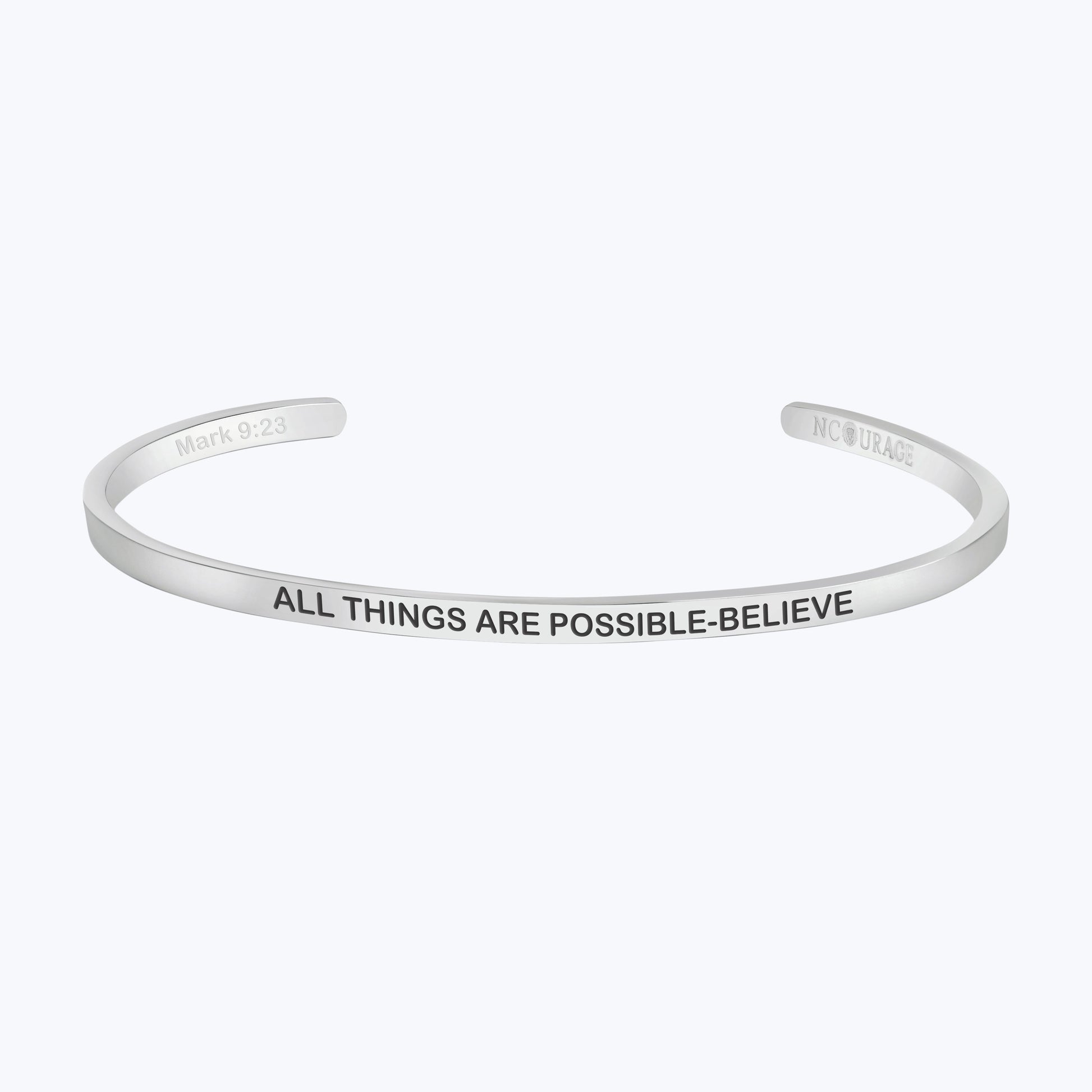 Front view of the silver ALL THINGS ARE POSSIBLE - BELIEVE bracelet featuring a sleek, polished finish and adjustable fit."