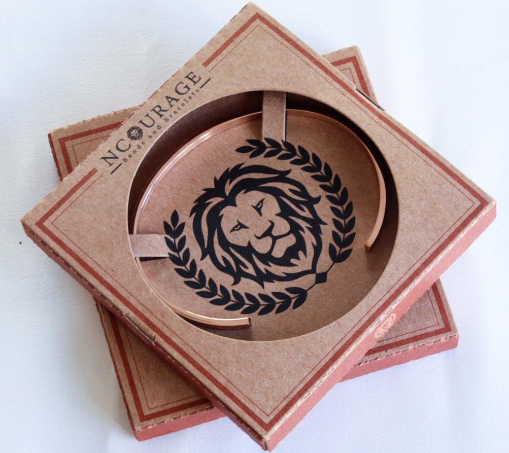 Eco-friendly open front packaging for Ncourage jewellry, showcasing the recyclable design with a clear view of the bracelet inside, emphasizing sustainability and elegance